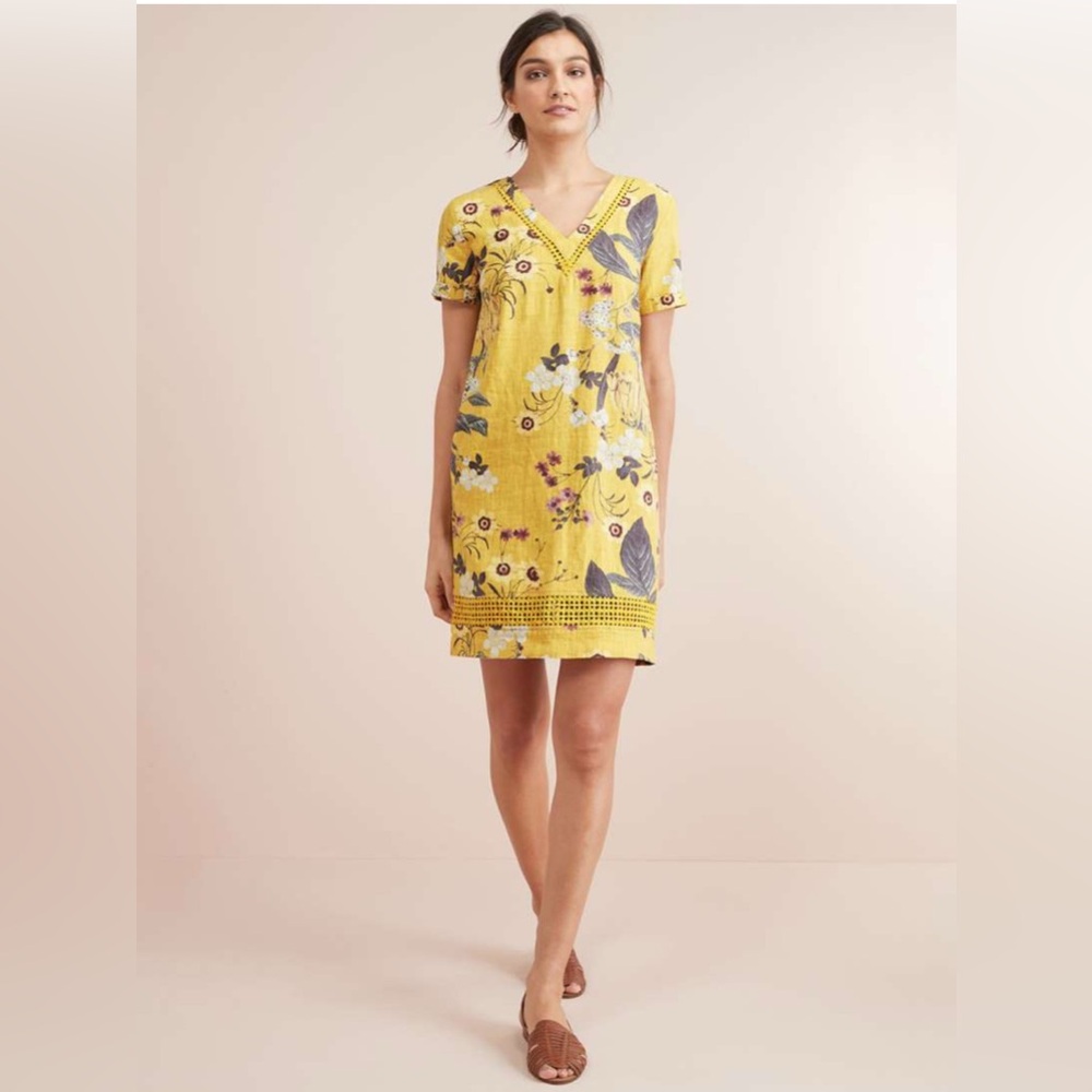 Next Yellow Floral Print Linen V-Neck Short Sleeve Woven Sheath Dress  XL